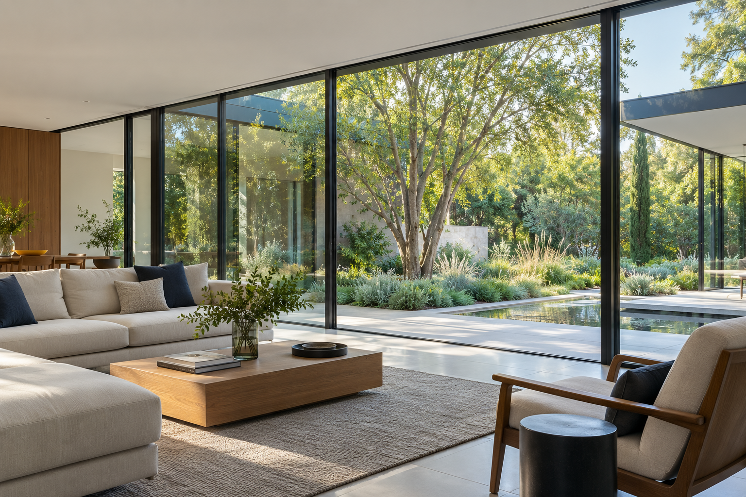 Ambiente ilustrativo con grandes superficies vidriadas que conectan el interior con un jardín