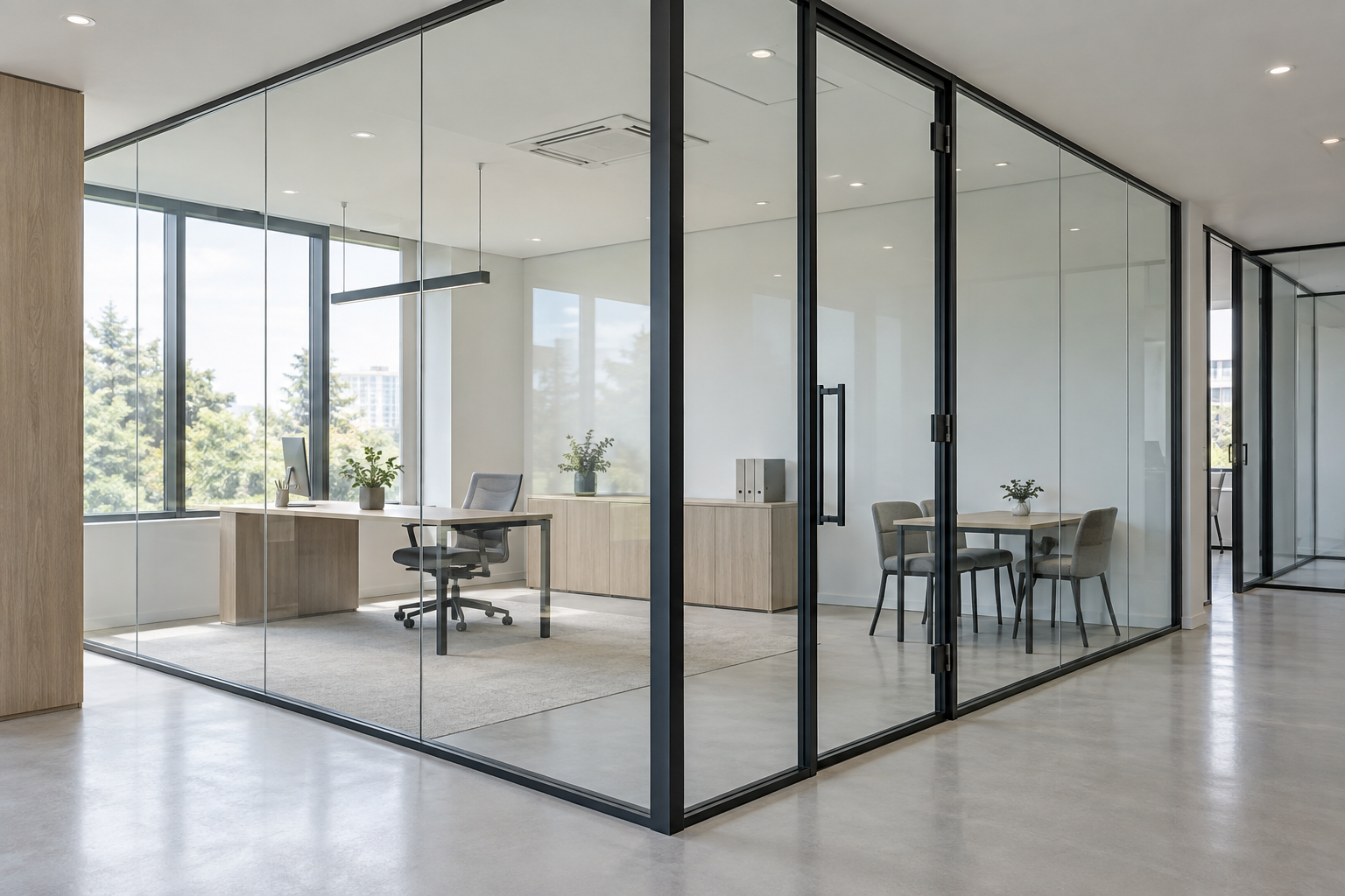 División interior de vidrio con puerta en una oficina