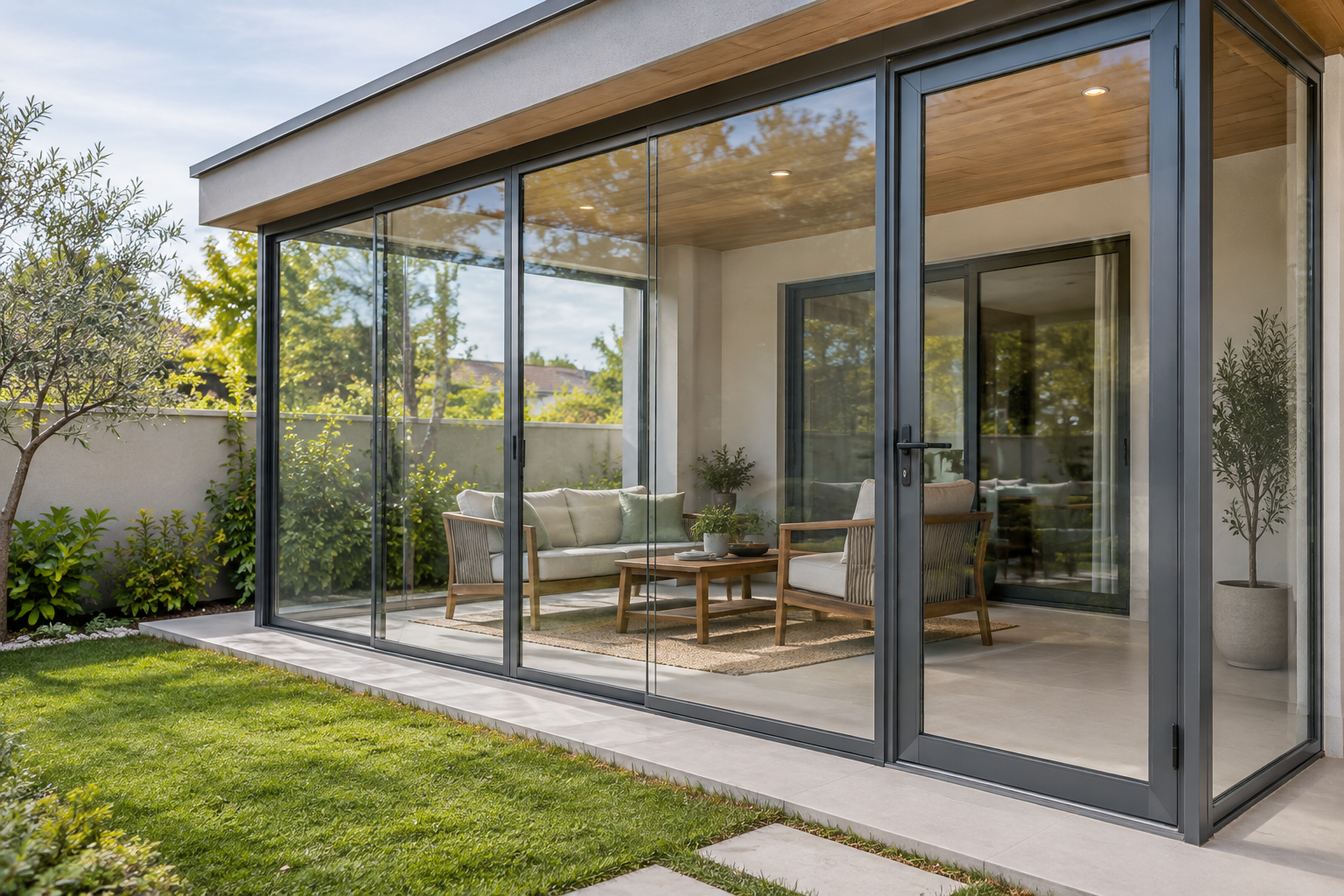Cerramiento vidriado entre una vivienda y un patio con jardín