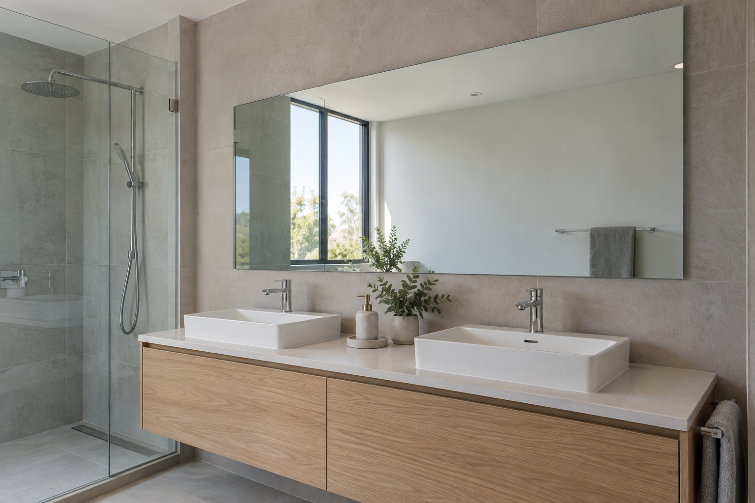 Espejo rectangular amplio sobre un mueble de baño