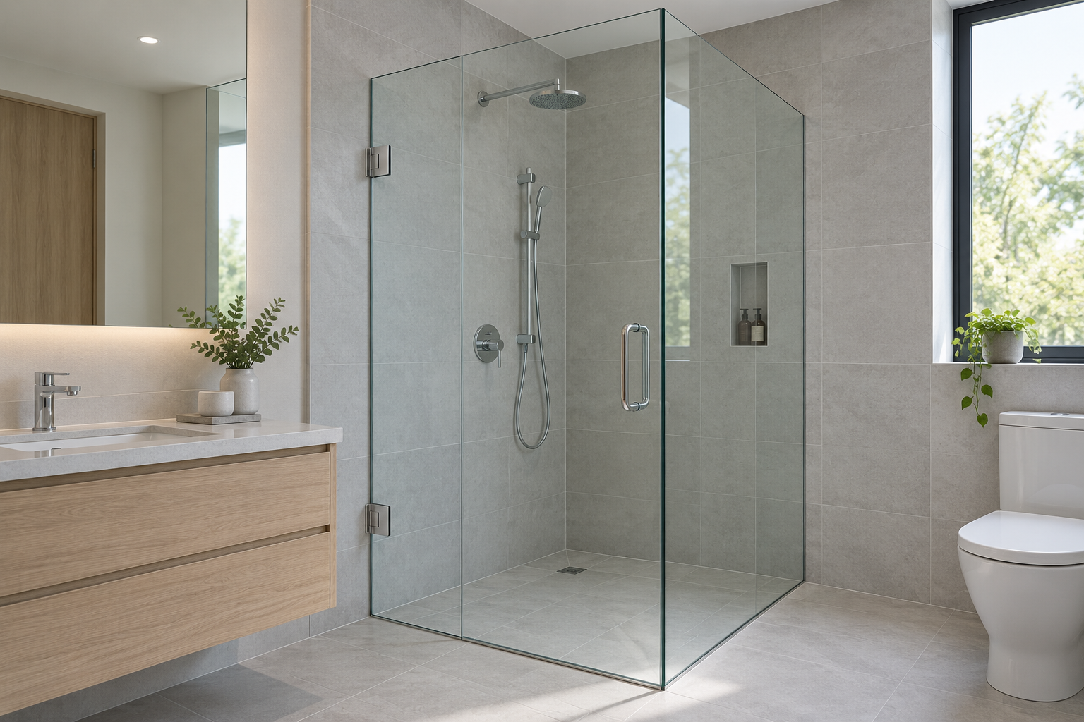 Cerramiento de ducha de vidrio con puerta y bisagras metálicas