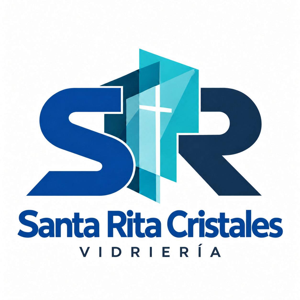 Santa Rita Cristales: logo con las letras SR, paneles de vidrio y una cruz